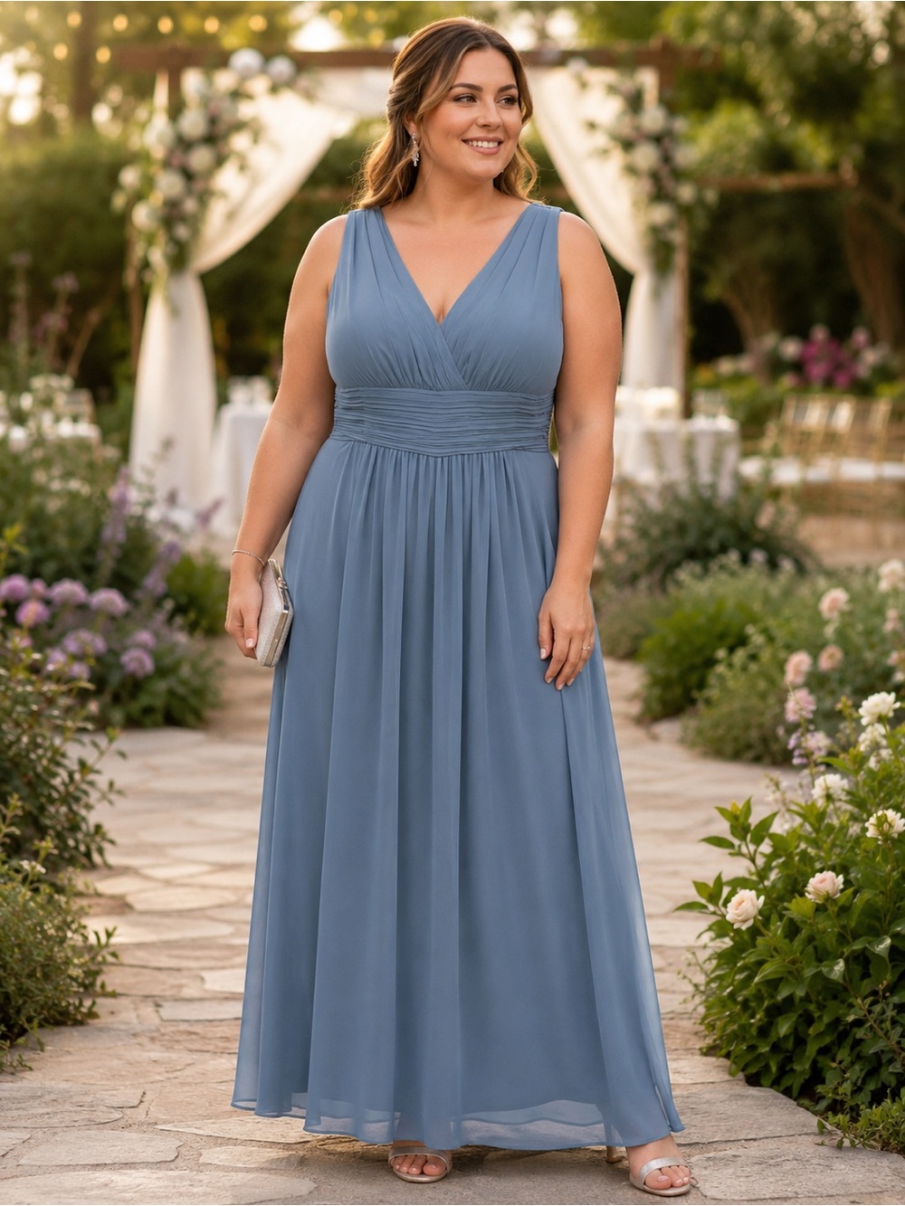 NWT Bill Levkoff Dusty Blue V-Neck Sleeveless Maxi Lined Dress